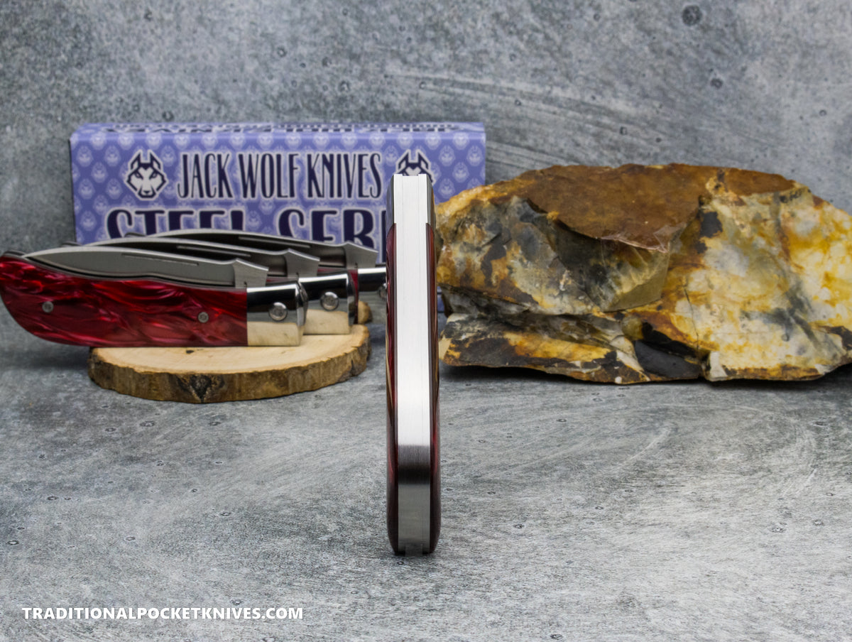 Jack Wolf Knives Exclusive Timber Jack Kirinite Red Pearl Acrylic - Steel Series