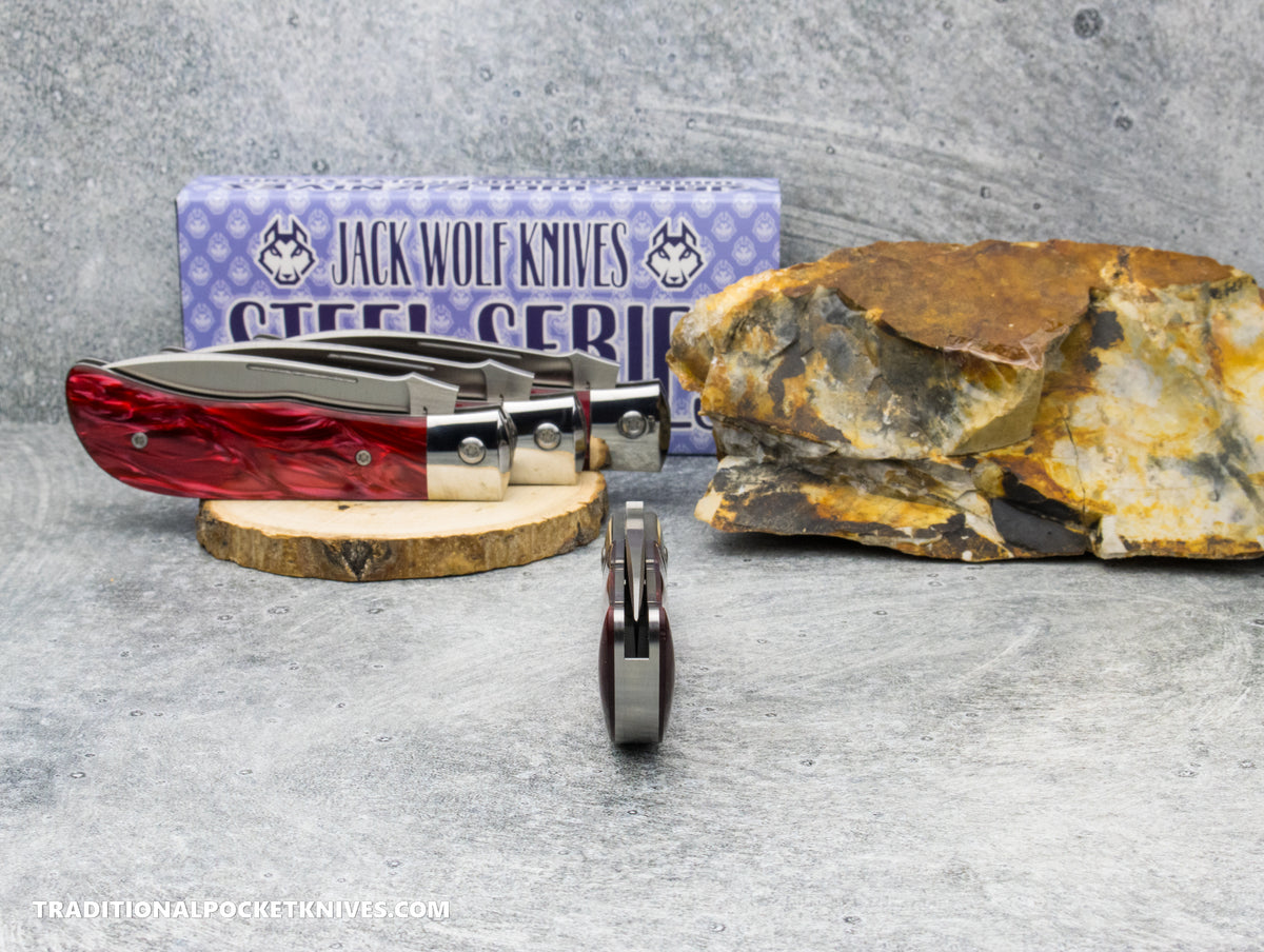 Jack Wolf Knives Exclusive Timber Jack Kirinite Red Pearl Acrylic - Steel Series