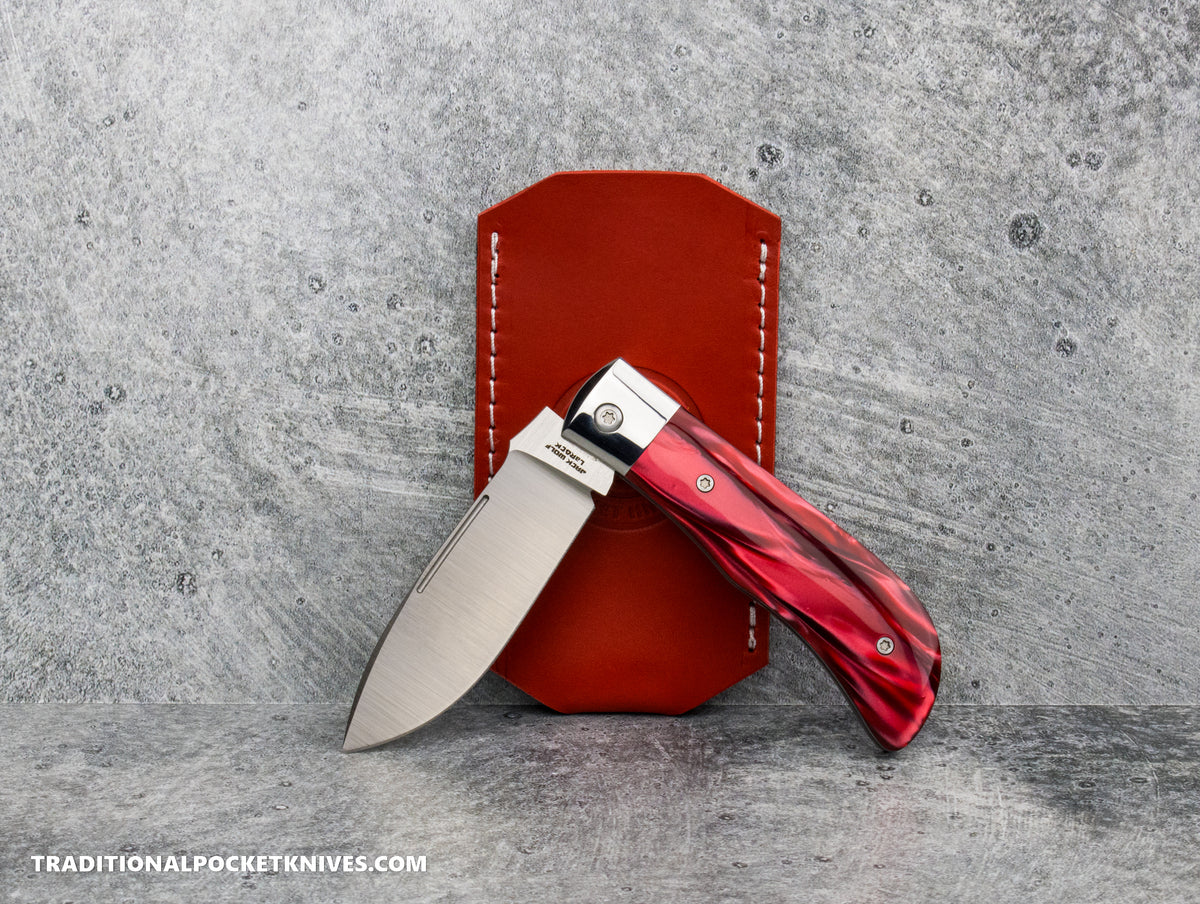 LIMITED RUN (1 of 25): C. Risner Cutlery Premium Logo Leather Knife Slip Custom Size - Red Pearl Buttero (Made for JWK Timberjack)