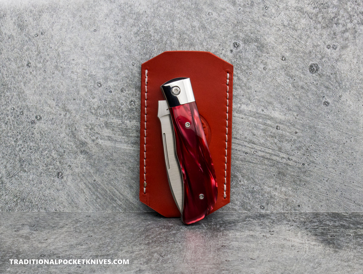 LIMITED RUN (1 of 25): C. Risner Cutlery Premium Logo Leather Knife Slip Custom Size - Red Pearl Buttero (Made for JWK Timberjack)