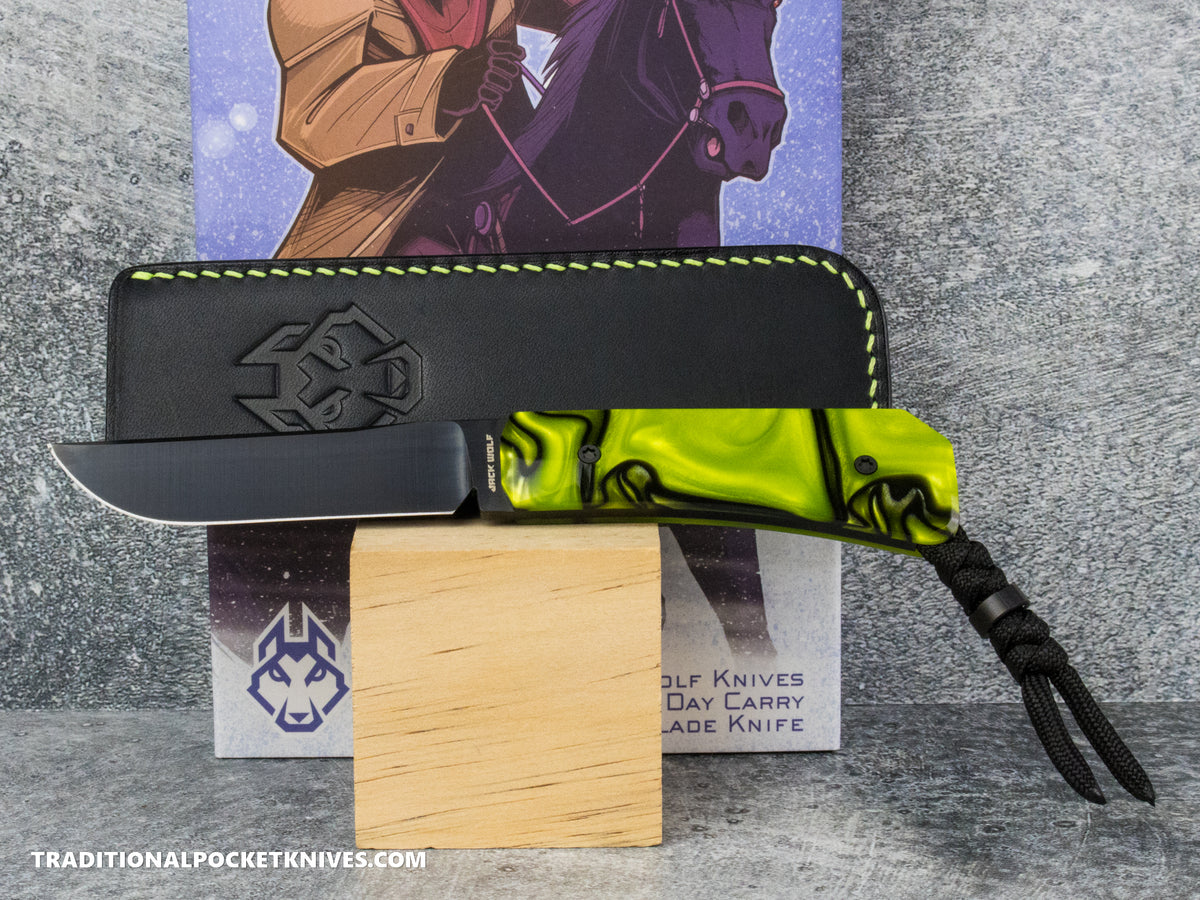 Jack Wolf Knives Pioneer FIXedc Kirinite Toxic Green Belt Satin DLC #7