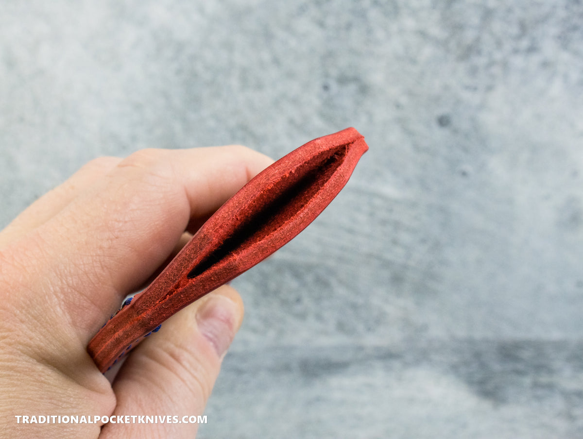 C. Risner Cutlery Premium Logo Leather Knife Slip Small - Marine Corps "Blood Stripe" Red Buttero