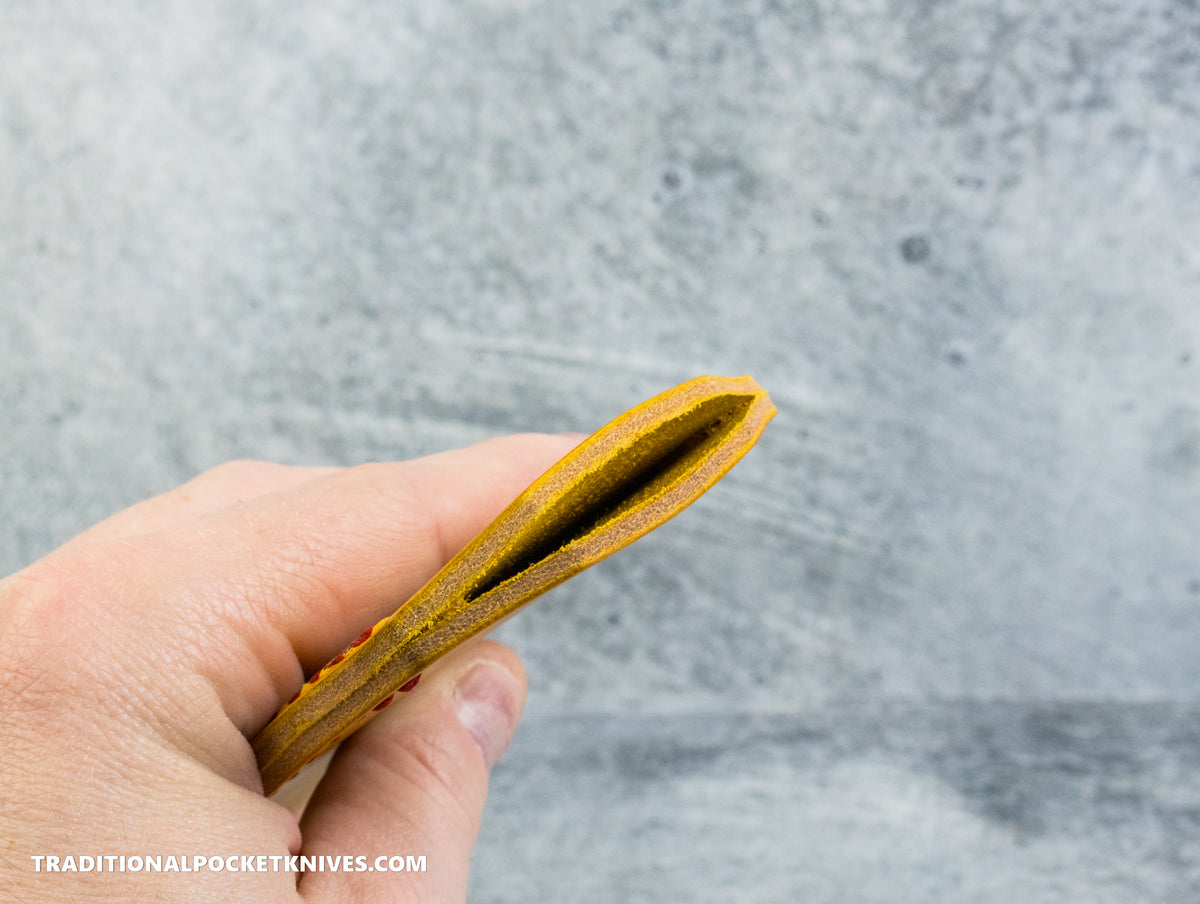 C. Risner Cutlery Premium Logo Leather Knife Slip Small - Marine Corps "Semper Fidelis" Yellow Buttero