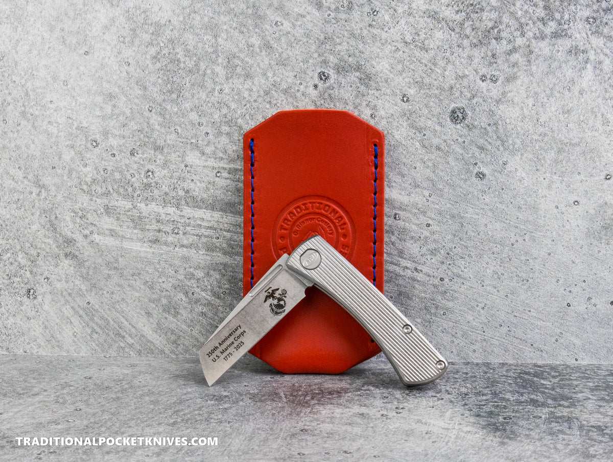 C. Risner Cutlery Premium Logo Leather Knife Slip Small - Marine Corps "Blood Stripe" Red Buttero