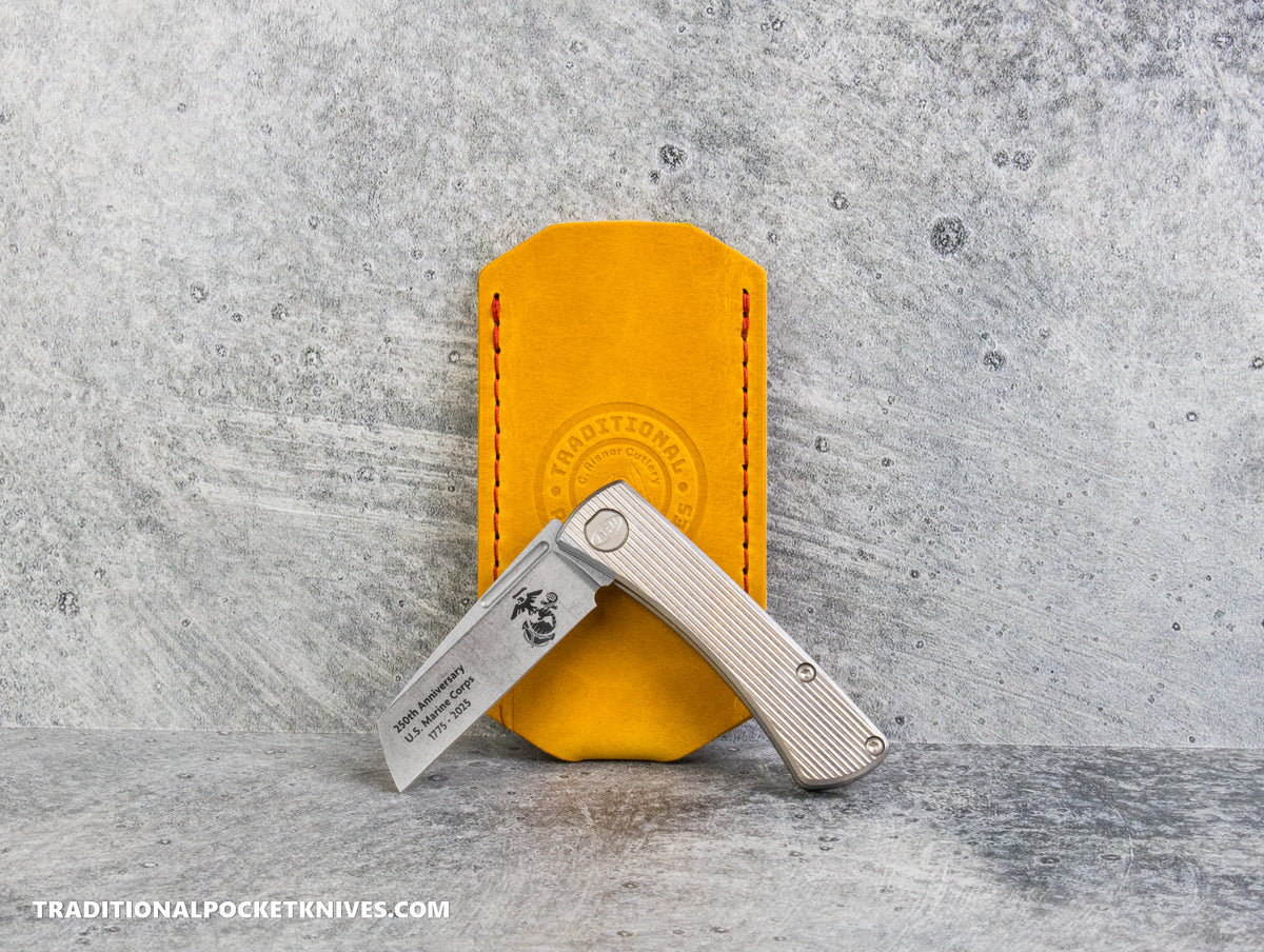 C. Risner Cutlery Premium Logo Leather Knife Slip Small - Marine Corps "Semper Fidelis" Yellow Buttero