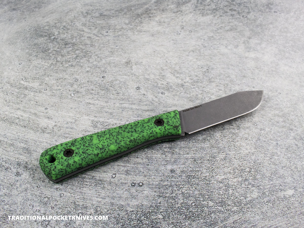 Very Good Knife Co. Pocket Doc - GripX Green Glow Stonewashed Nitro-V Kydex Sheath