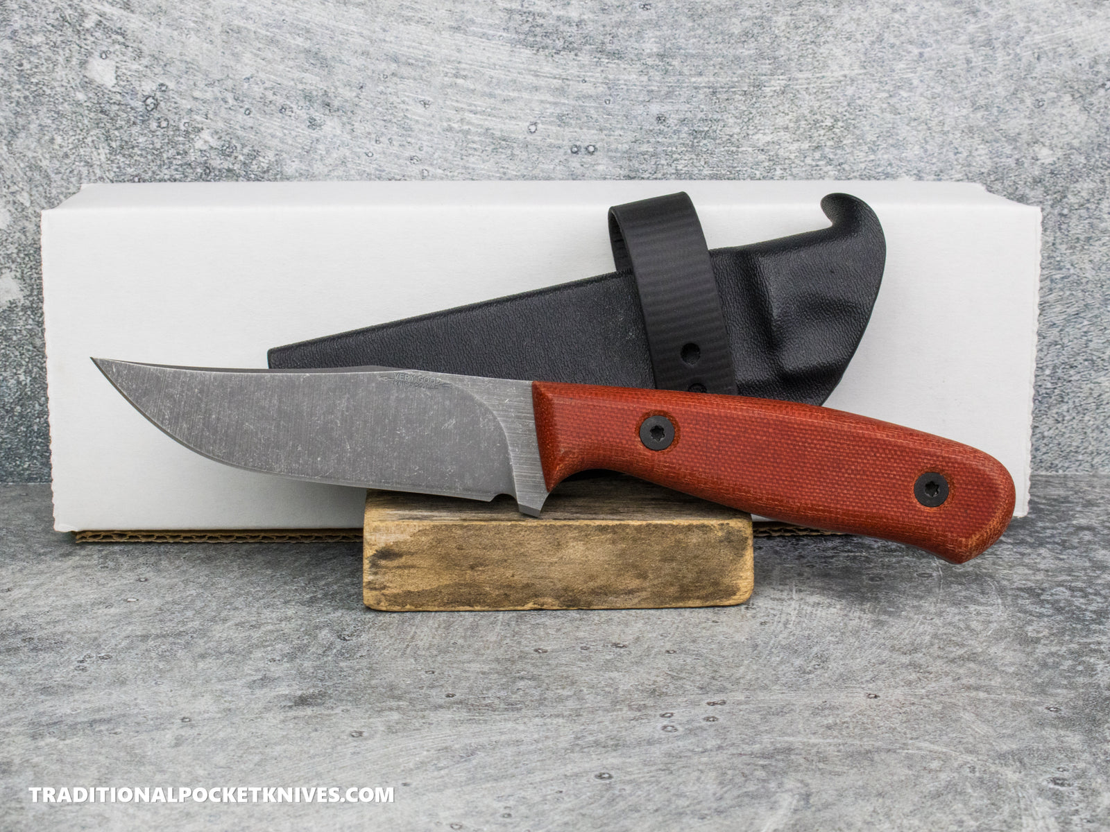 Very Good Knife Co. Revelation - Red Canvas Micarta Stonewashed AEB-L Kydex Sheath