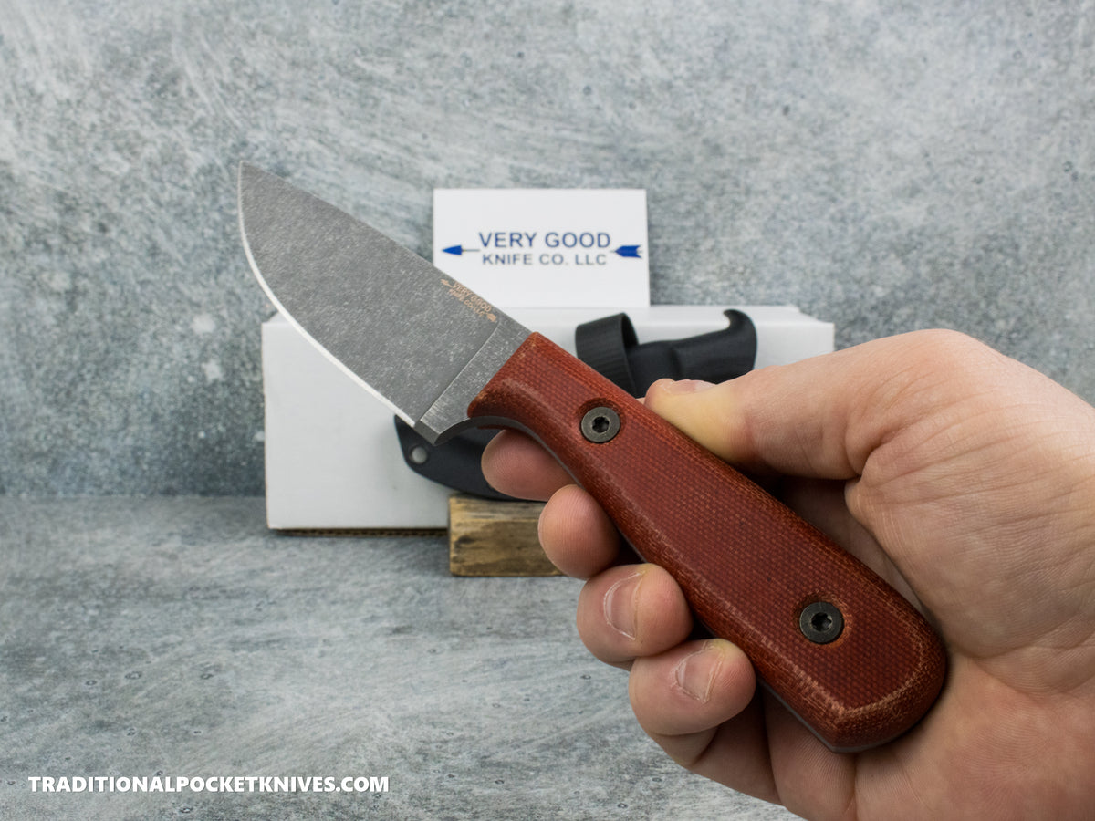 Very Good Knife Co. Adventure - Red Canvas Micarta Stonewashed N690 Kydex Sheath