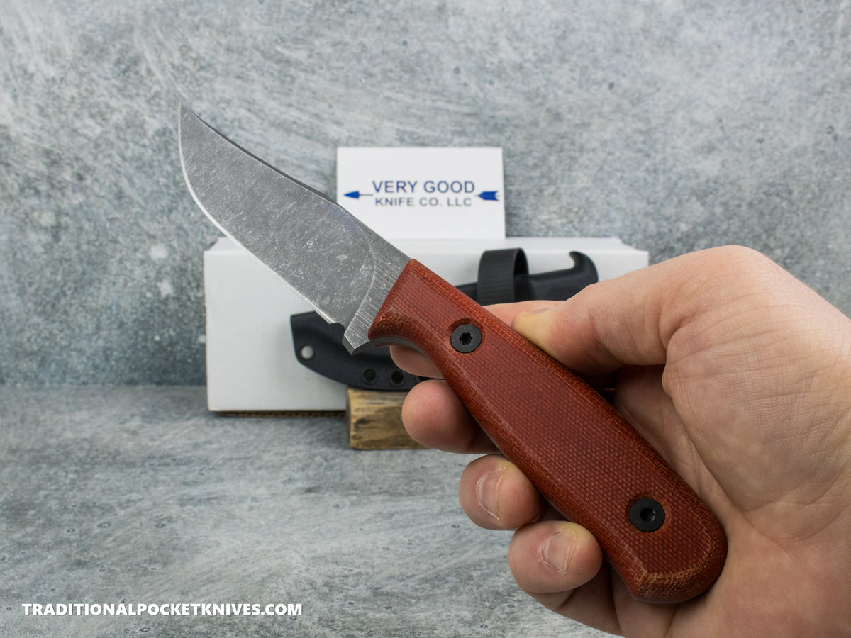 Very Good Knife Co. Revelation - Red Canvas Micarta Stonewashed AEB-L Kydex Sheath