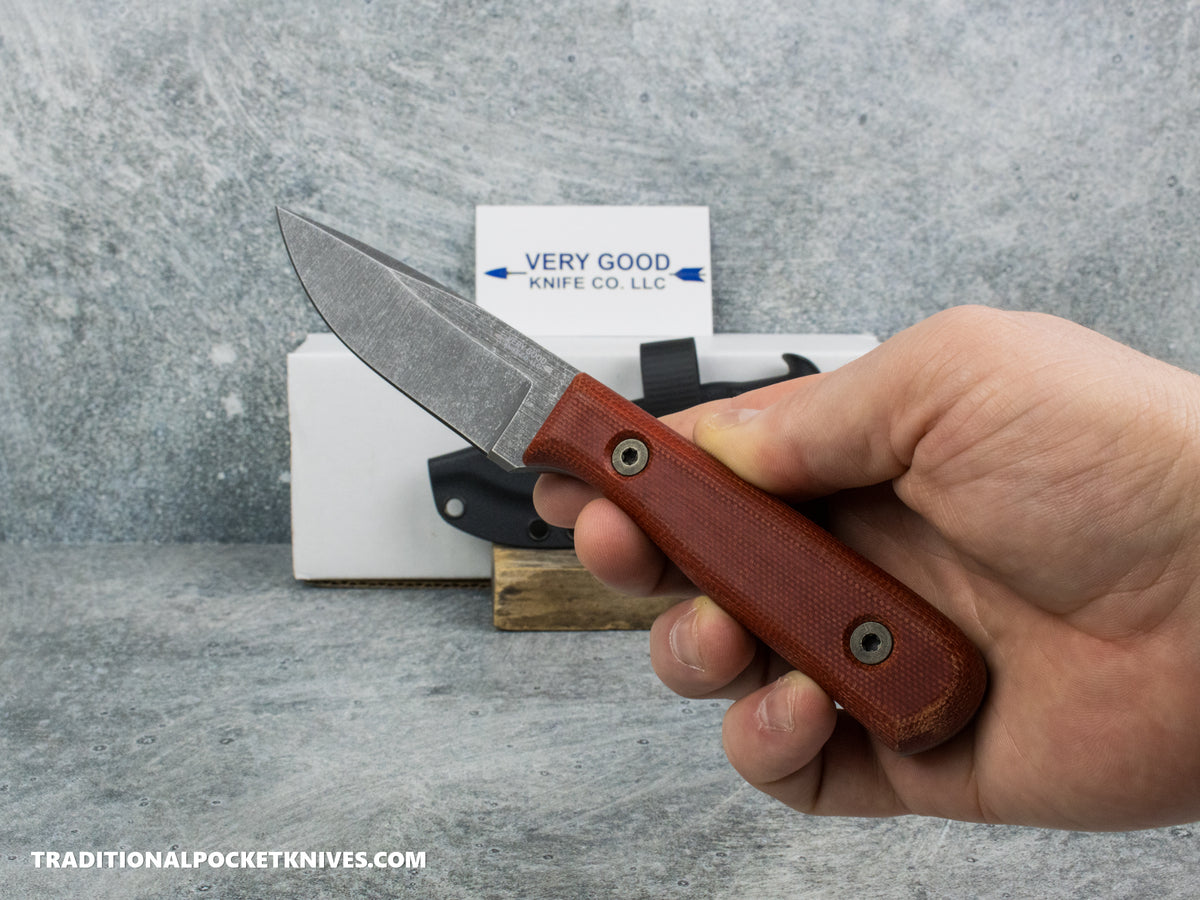 Very Good Knife Co. Hornet - Red Canvas Micarta Stonewashed AEB-L Kydex Sheath