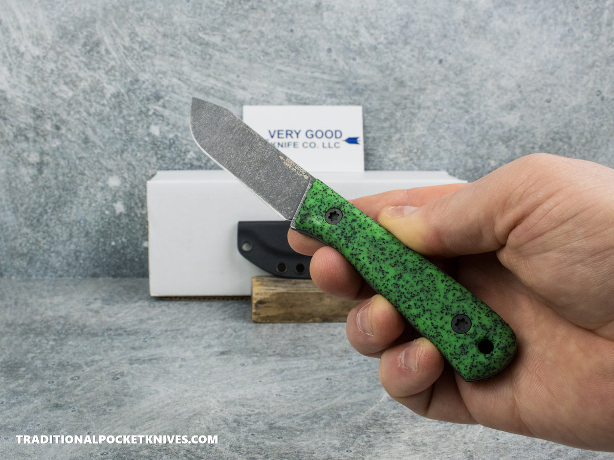 Very Good Knife Co. Pocket Doc - GripX Green Glow Stonewashed Nitro-V Kydex Sheath