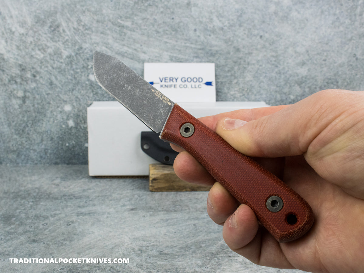 Very Good Knife Co. Pocket Doc - Red Canvas Micarta Stonewashed AEB-L Kydex Sheath