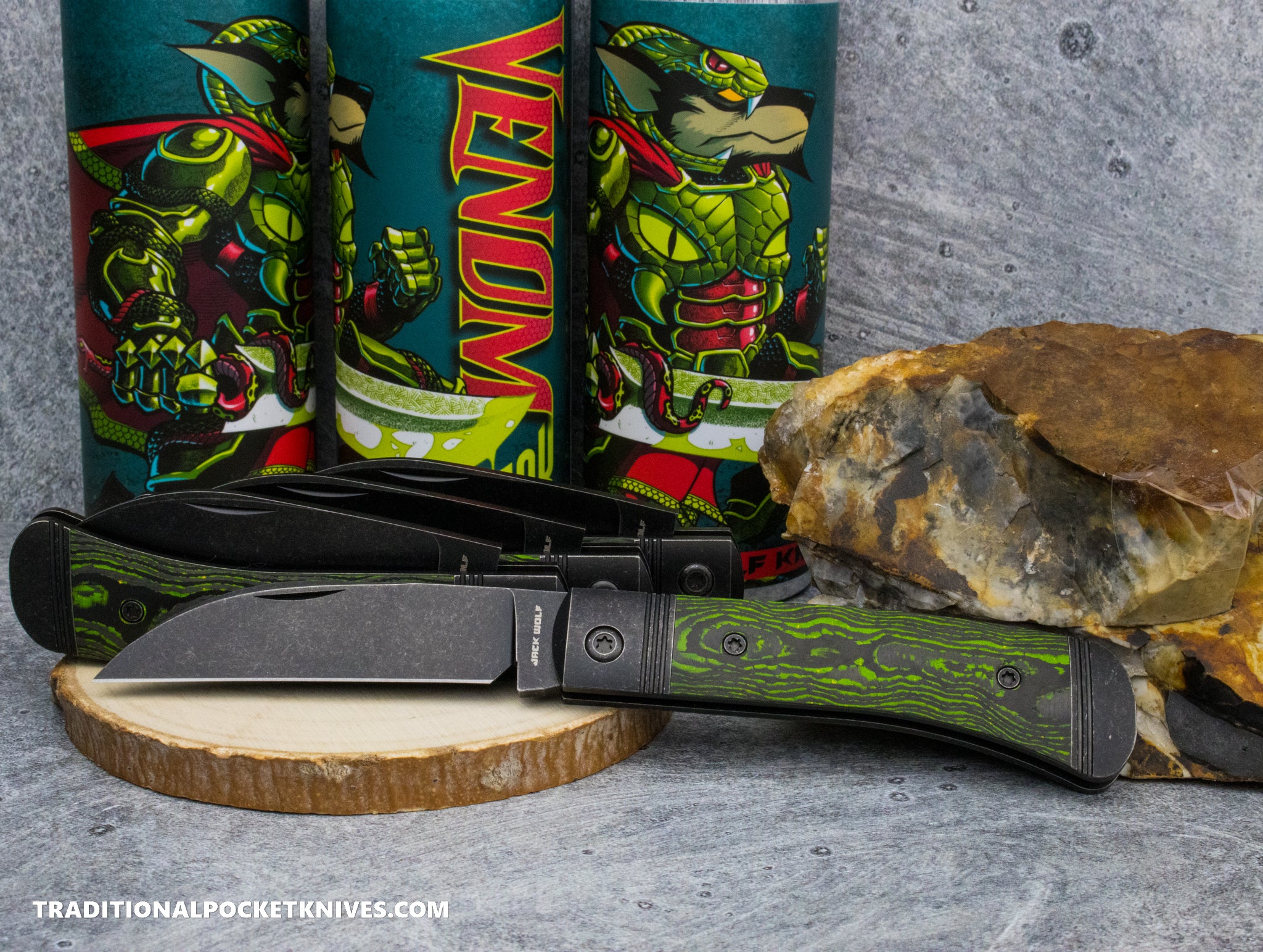 Jack Wolf Knives Venom Jack CamoCarbon Toxic Green Blackwash - C