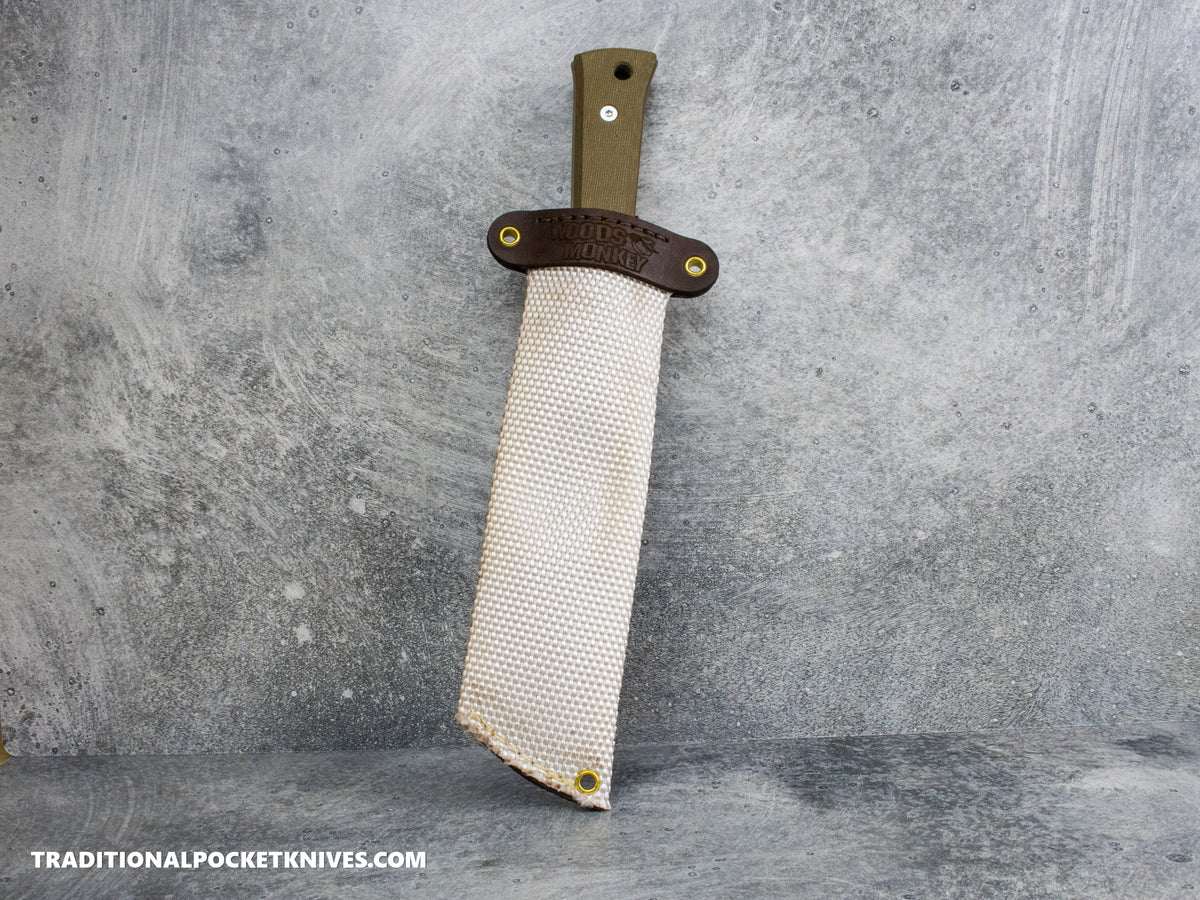 Woods Monkey Half/Chete - Green Micarta Tan Cerakote 1095 Firehose Sheath