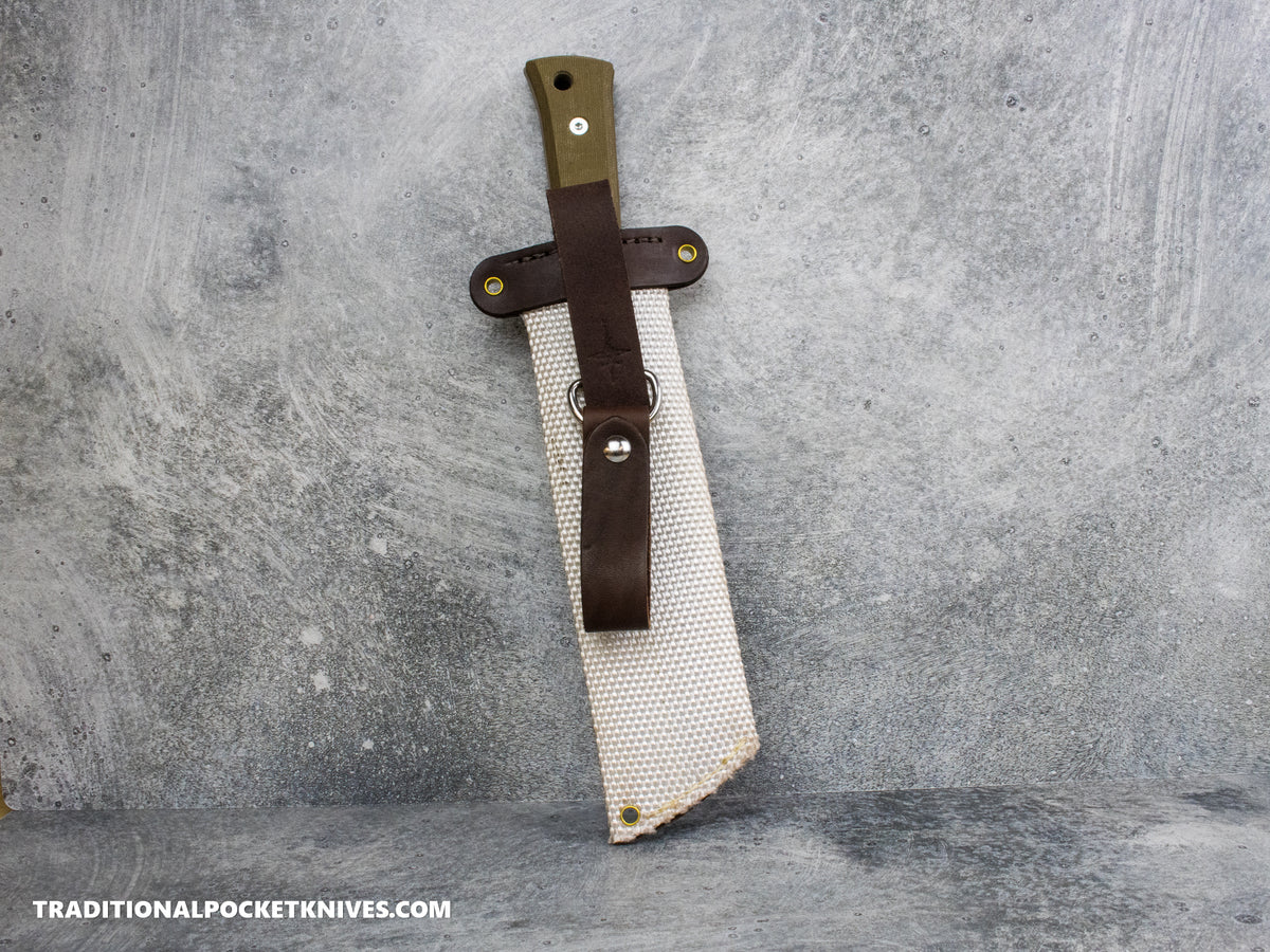 Woods Monkey Half/Chete - Green Micarta Tan Cerakote 1095 Firehose Sheath