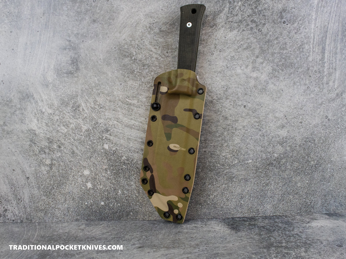 Woods Monkey Half/Chete - Black Micarta OD Cerakote 1095 Multicam Kydex Sheath