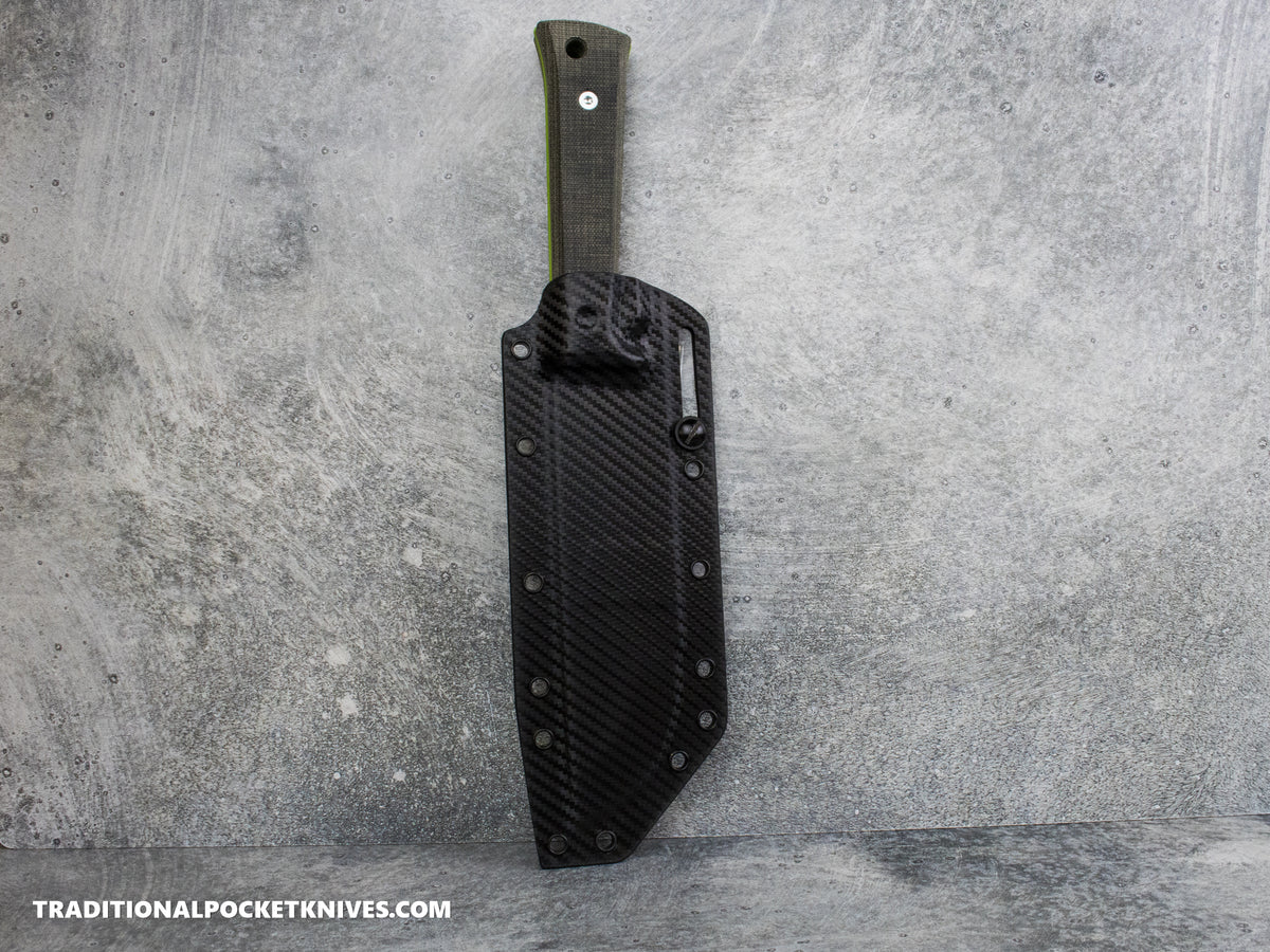 Woods Monkey Half/Chete - Black Micarta Toxic Green Cerakote 1095 Carbon Fiber Kydex Sheath