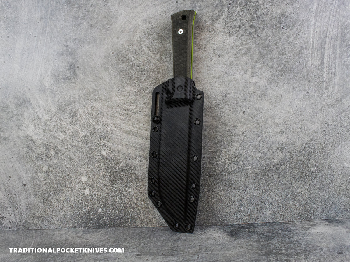 Woods Monkey Half/Chete - Black Micarta Toxic Green Cerakote 1095 Carbon Fiber Kydex Sheath