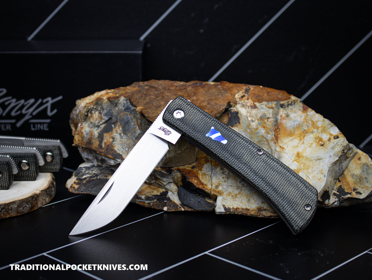 ESNYX Silver Line Workhorse Front Flipper Black Canvas Micarta Mokuti Shield Bead Blasted Clip (WHFF-73)