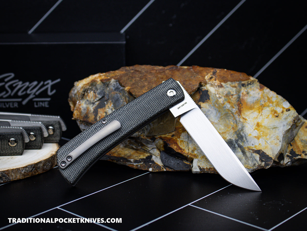 ESNYX Silver Line Workhorse Front Flipper Black Canvas Micarta Mokuti Shield Bead Blasted Clip (WHFF-73)