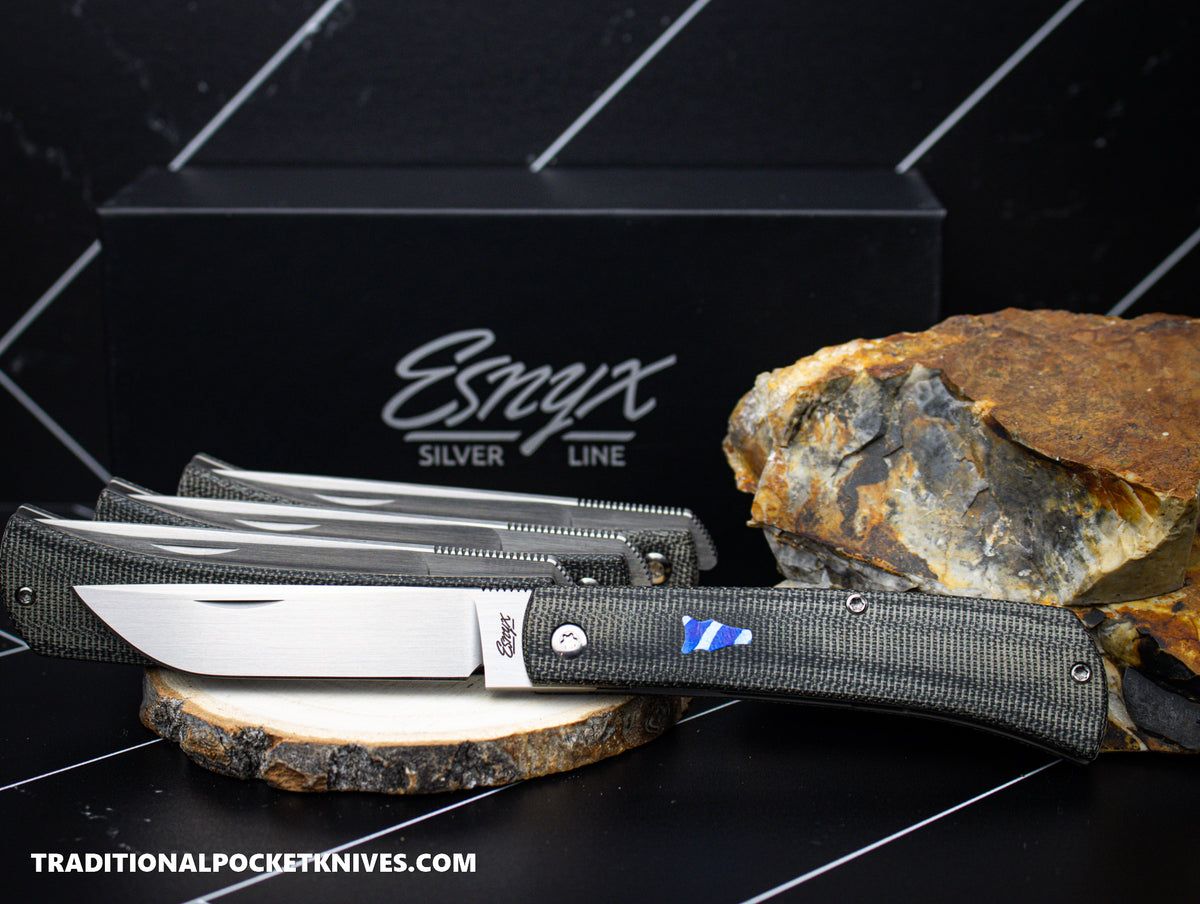 ESNYX Silver Line Workhorse Front Flipper Black Canvas Micarta Mokuti Shield Bead Blasted Clip (WHFF-73)