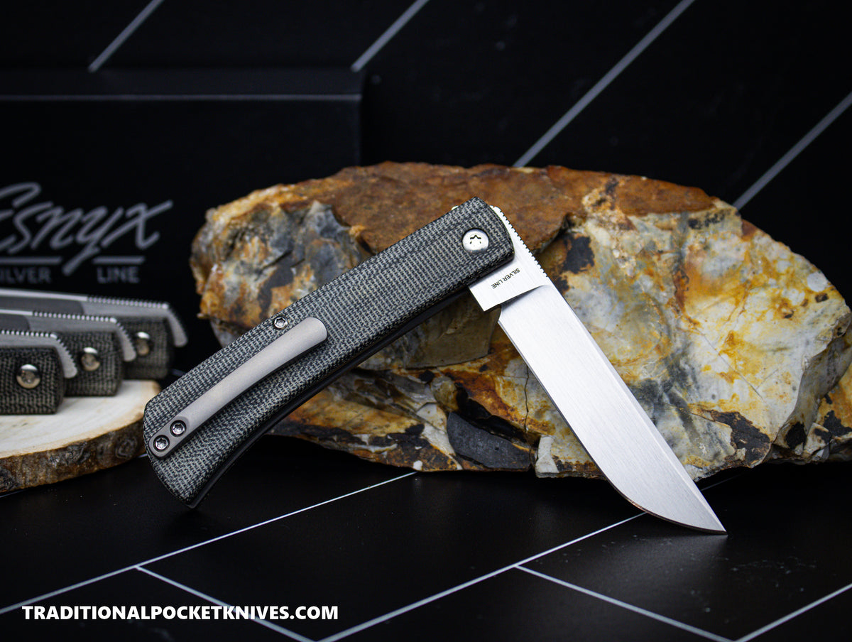 ESNYX Silver Line Workhorse Front Flipper Black Canvas Micarta Titanium Shield Bead Blasted Clip (WHFF-72)