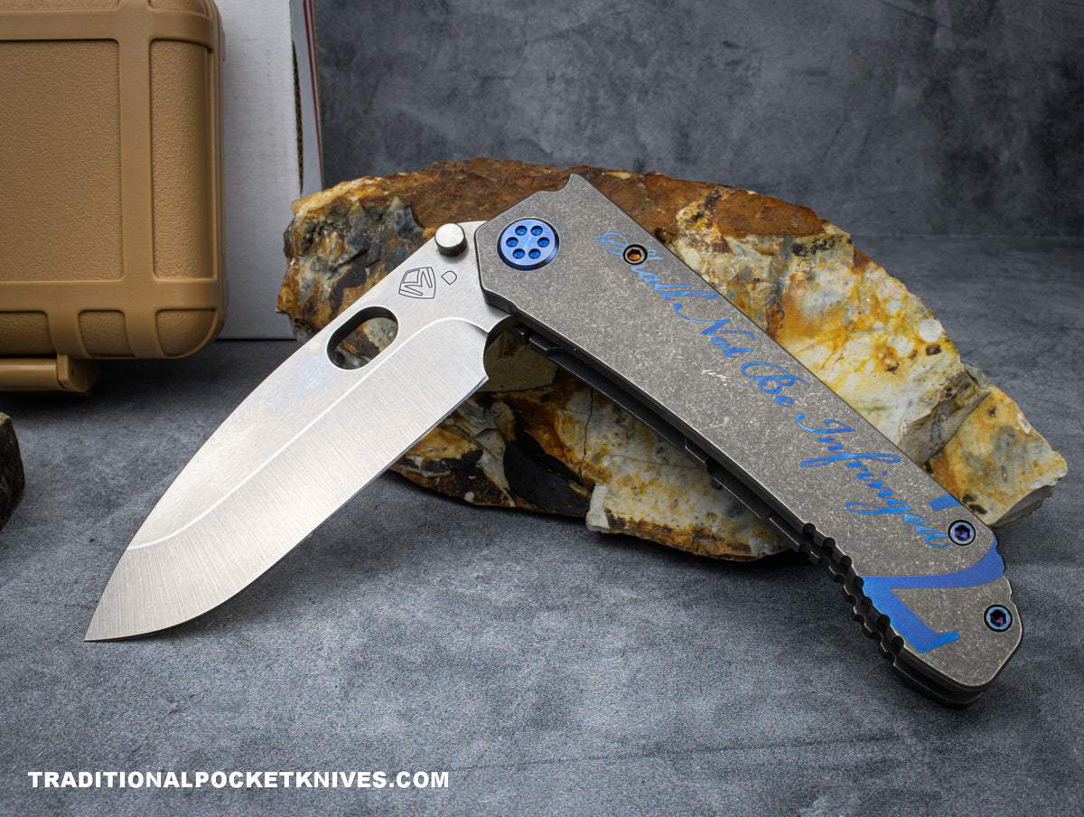 Medford Knives 187 DP Tumbled Drop Point / D2 / Tumbled &quot;2nd Amendment&quot; Handle / Blue HW / Blue Clip