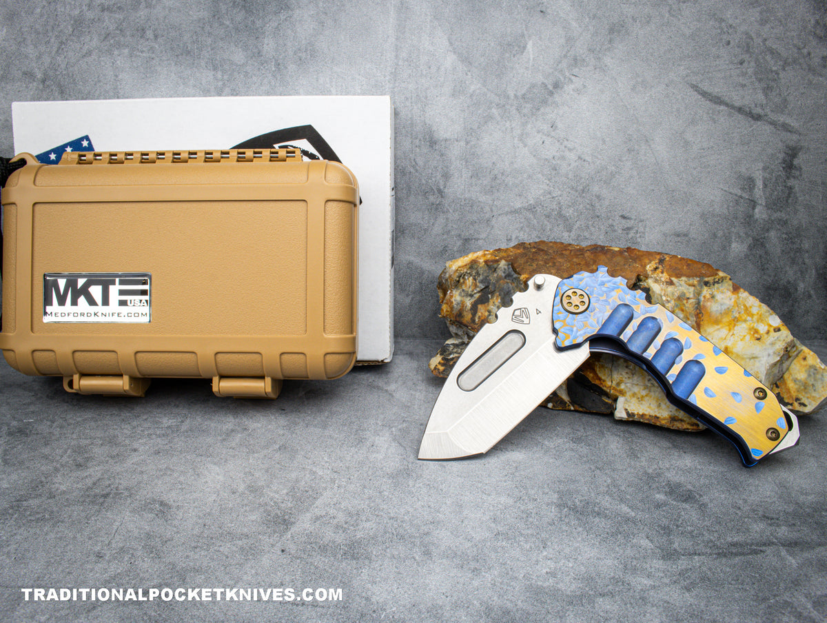 Medford Knives Genesis T / Tumbled Tanto / S35VN / Blue &quot;Hammered Fade&quot; w/ Faced Bronze Flats Handle and Spring / Bronze HW / &quot;Hammered Fade&quot; Clip