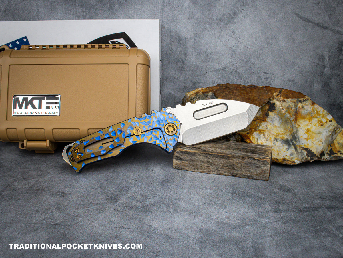 Medford Knives Genesis T / Tumbled Tanto / S35VN / Blue &quot;Hammered Fade&quot; w/ Faced Bronze Flats Handle and Spring / Bronze HW / &quot;Hammered Fade&quot; Clip
