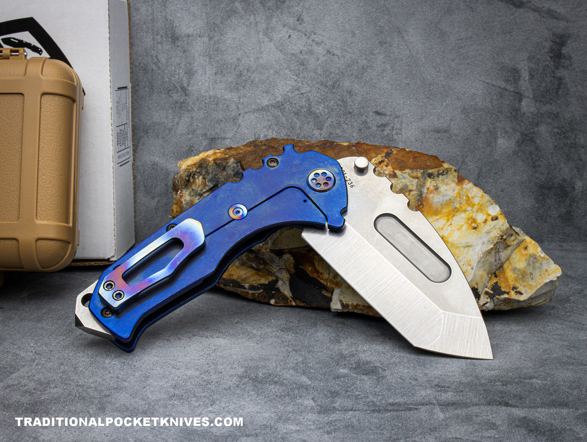 Medford Knives Praetorian &quot;T&quot; Tumbled Tanto / S35VN / Blue &quot;Fly Fishing&quot; Engraved Handle / Blue Spring / Flamed HW / Flamed Clip / D2 NP3 Breaker