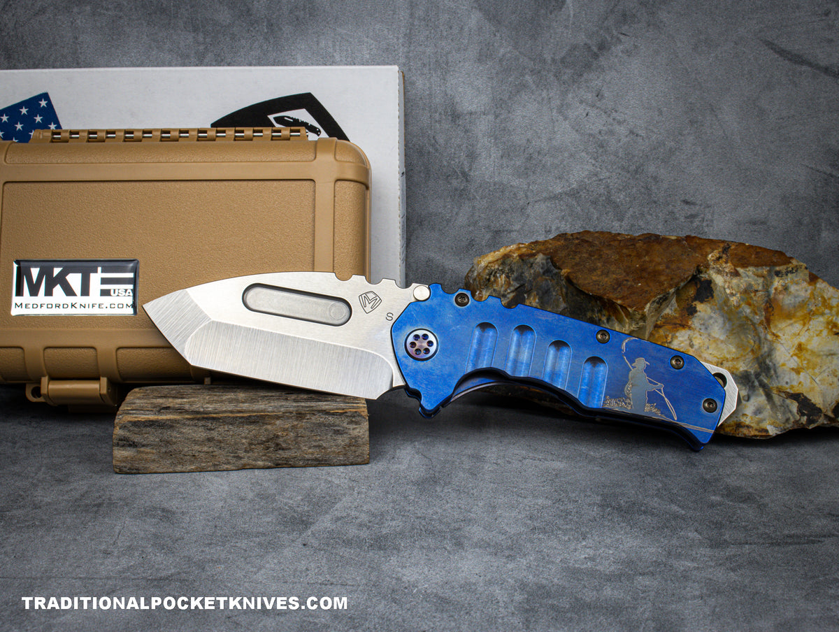 Medford Knives Praetorian &quot;T&quot; Tumbled Tanto / S35VN / Blue &quot;Fly Fishing&quot; Engraved Handle / Blue Spring / Flamed HW / Flamed Clip / D2 NP3 Breaker