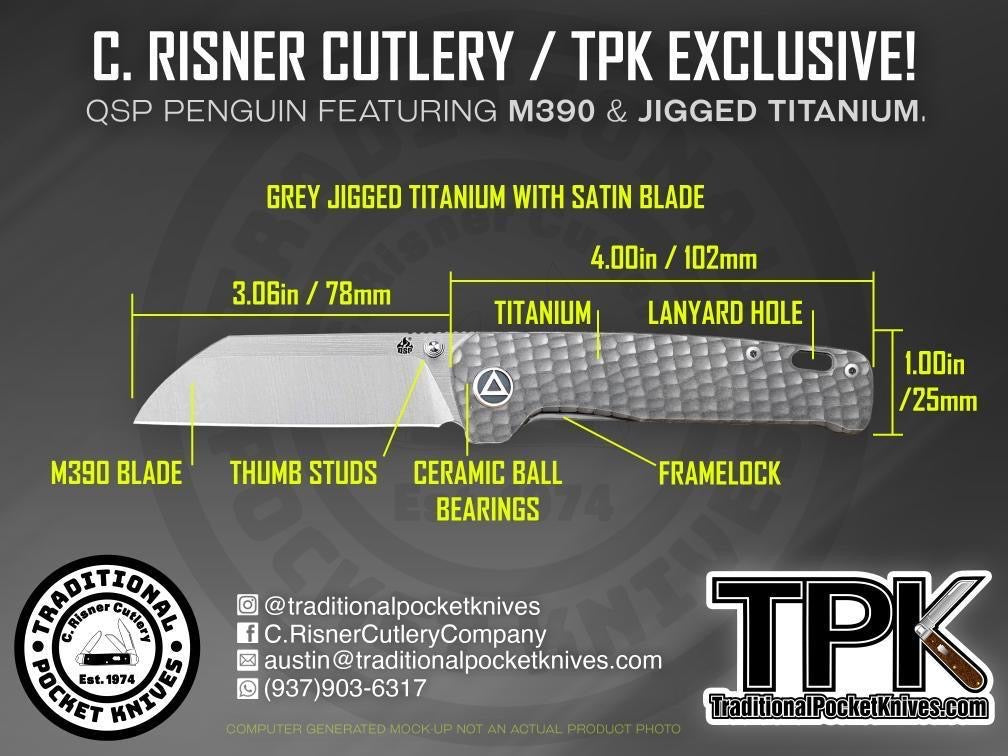 QSP Exclusive Penguin Knife QS130 Gray Jigged Titanium M390