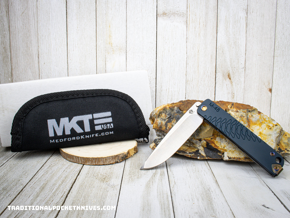 Medford Knives M-48 /  Tumbled Long Drop Point / S35VN / Blue Handle / Tumbled Spring / Flamed HW / Flamed Clip