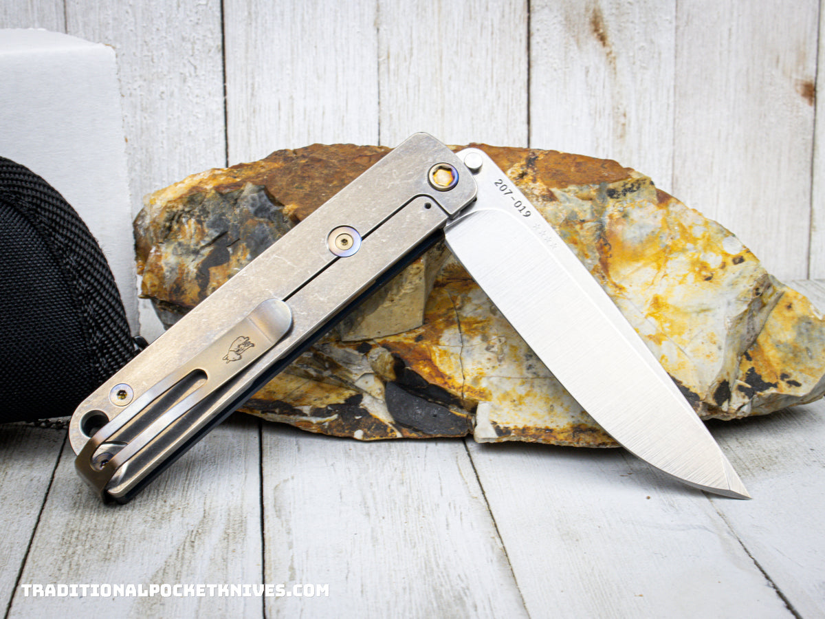 Medford Knives M-48 /  Tumbled Long Drop Point / S35VN / Blue Handle / Tumbled Spring / Flamed HW / Flamed Clip