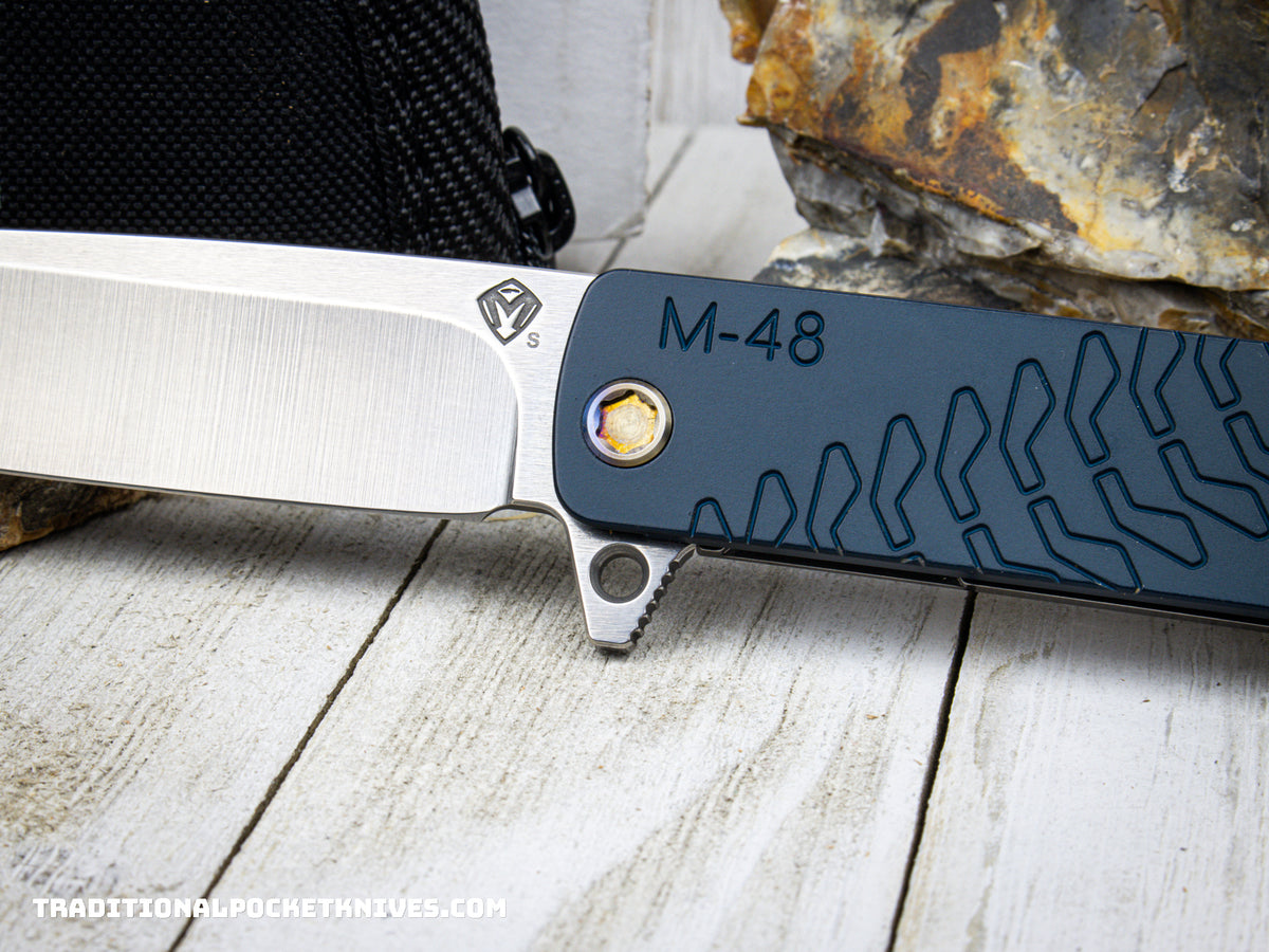 Medford Knives M-48 /  Tumbled Long Drop Point / S35VN / Blue Handle / Tumbled Spring / Flamed HW / Flamed Clip