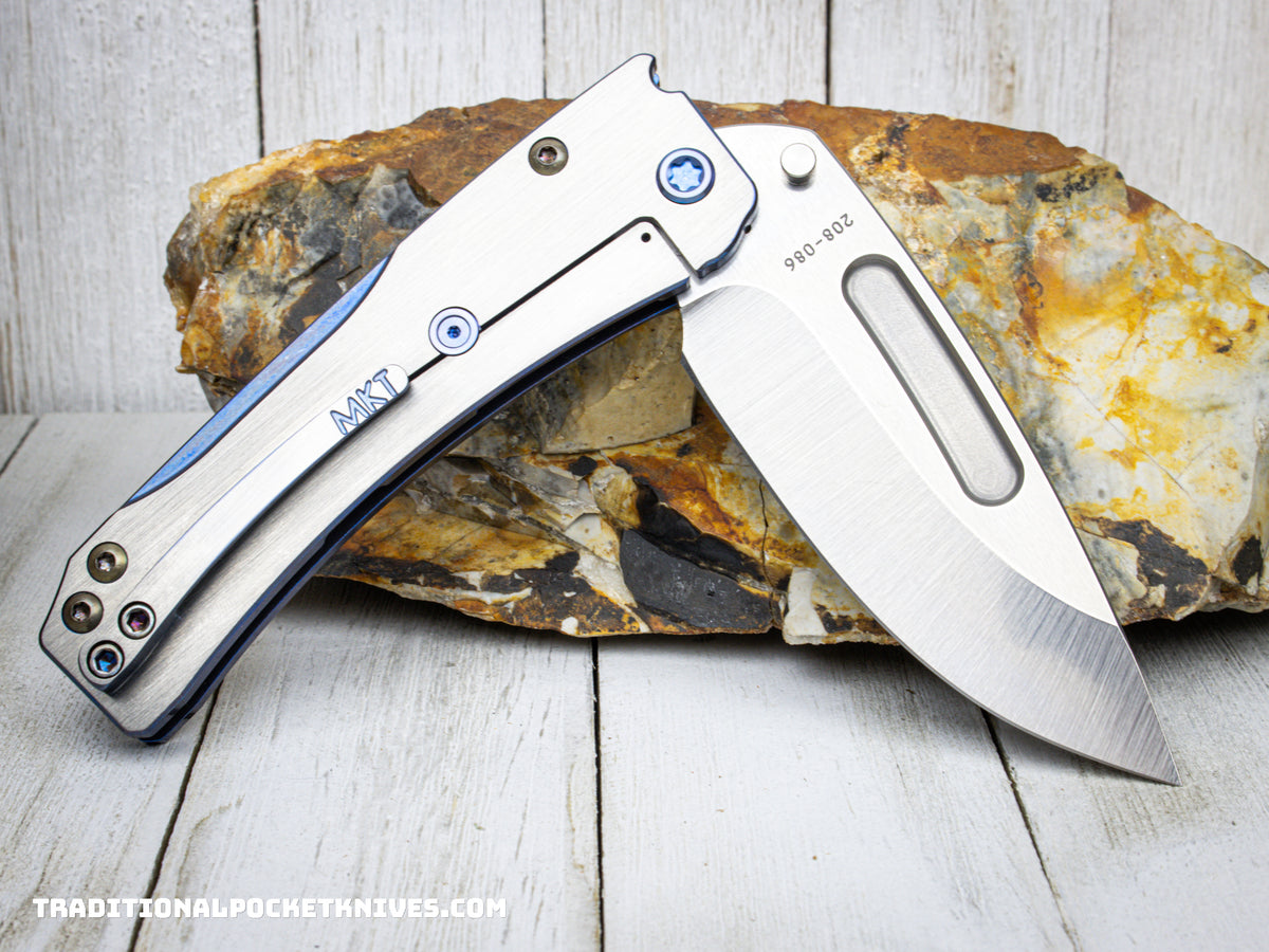 Medford Knives Slim Midi Tumbled Drop Point / S45VN / Blue Handle w/Faced Silver Flats / Blue HW / Blue Clip w/Brushed Silver Flats