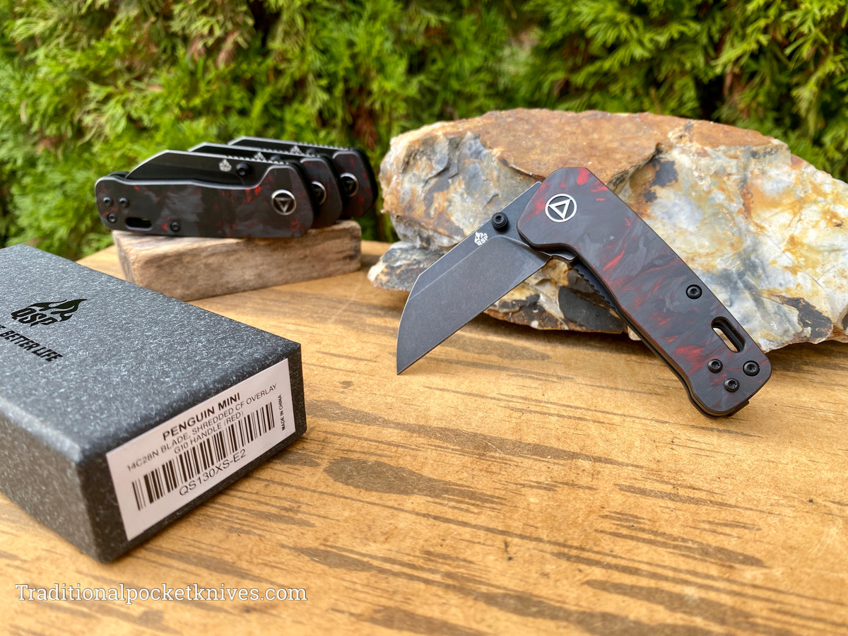 QSP Penguin Mini Knife QS130XS-E2 Shredded Carbon Fiber G10 Red 14C28N Steel