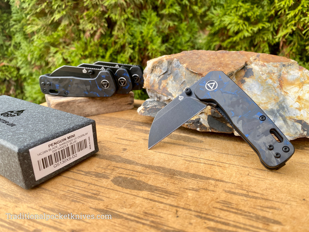 QSP Penguin Mini Knife QS130XS-D2 Shredded Carbon Fiber G10 Blue 14C28N Steel