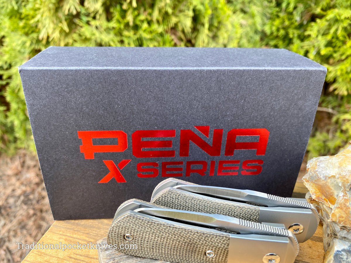 Pena Knives X Series Micro Apache Front Flipper Green Canvas Micarta