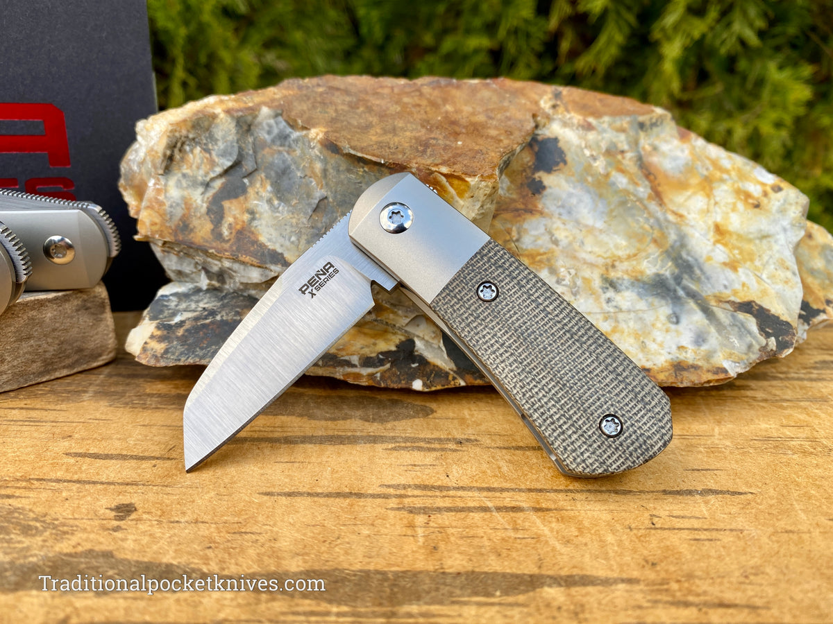 Pena Knives X Series Micro Apache Front Flipper Green Canvas Micarta