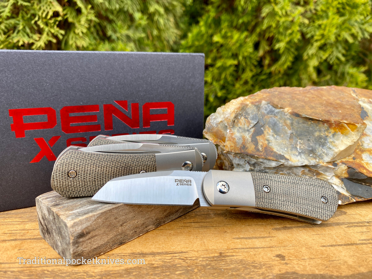 Pena Knives X Series Micro Apache Front Flipper Green Canvas Micarta