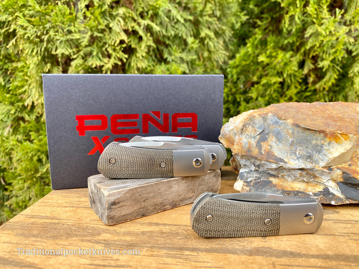 Pena Knives X Series Micro Apache Front Flipper Green Canvas Micarta