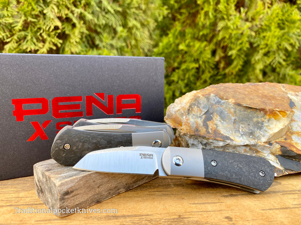 Pena Knives X Series Micro Apache Front Flipper Marble Carbon Fiber