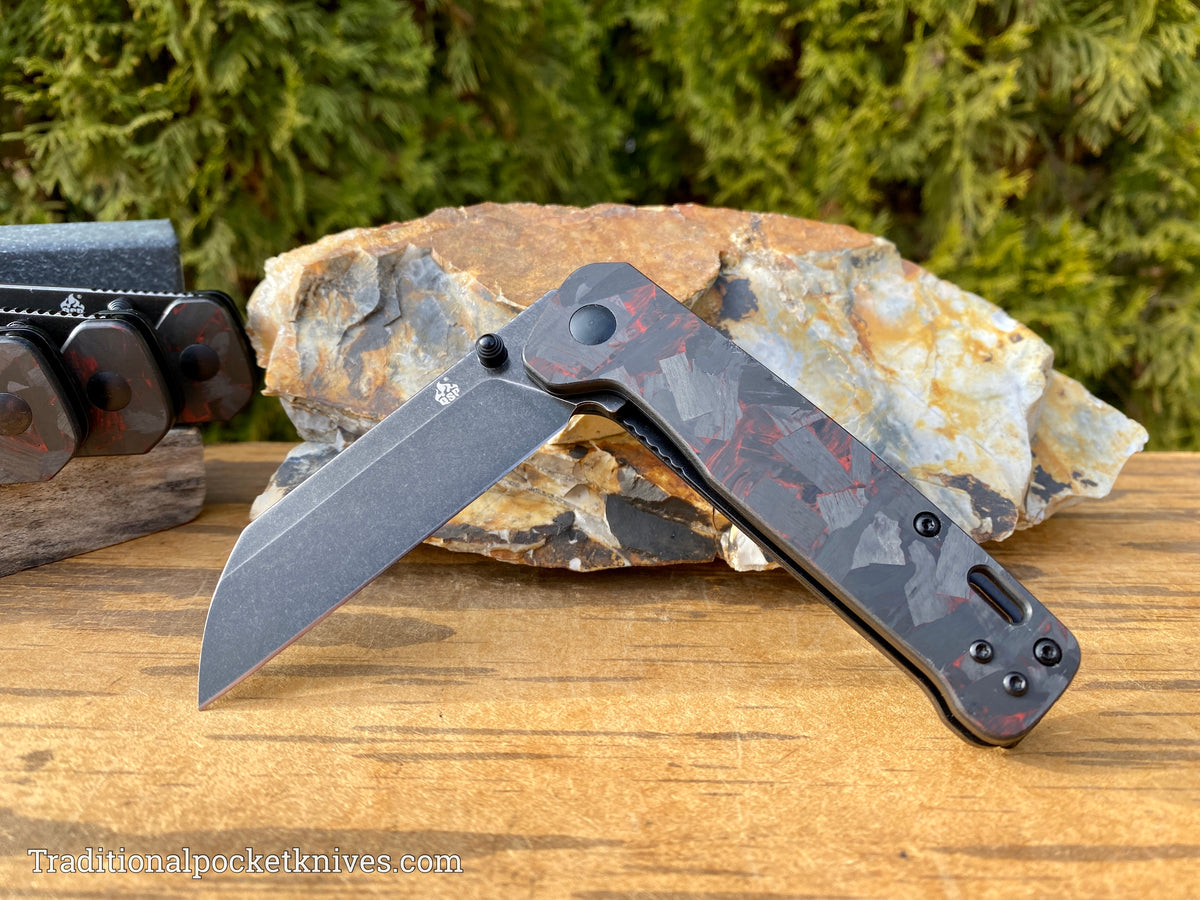 QSP Penguin Knife QS130-URD Shredded Red Carbon Fiber G10 D2 Steel