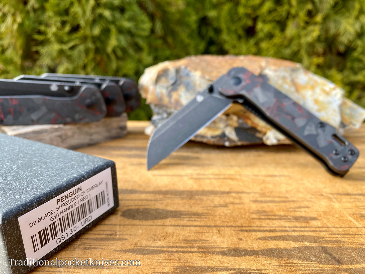 QSP Penguin Knife QS130-URD Shredded Red Carbon Fiber G10 D2 Steel