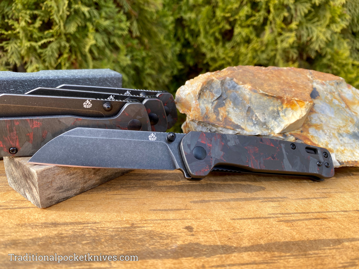 QSP Penguin Knife QS130-URD Shredded Red Carbon Fiber G10 D2 Steel