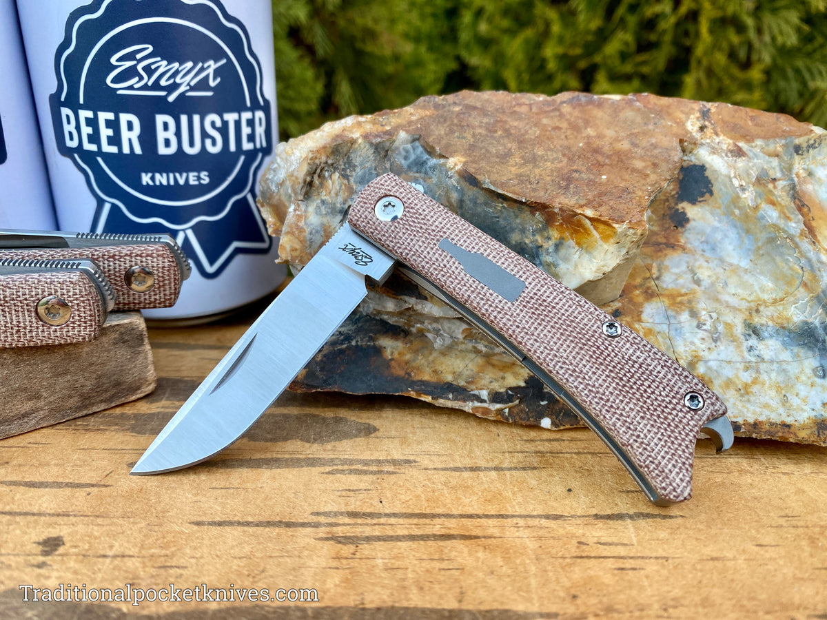 ESNYX Silver Line Beer Buster Junior Front Flipper Brown Micarta Satin M390