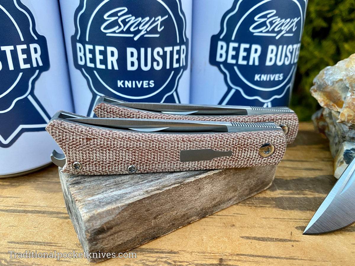 ESNYX Silver Line Beer Buster Junior Front Flipper Brown Micarta Satin M390