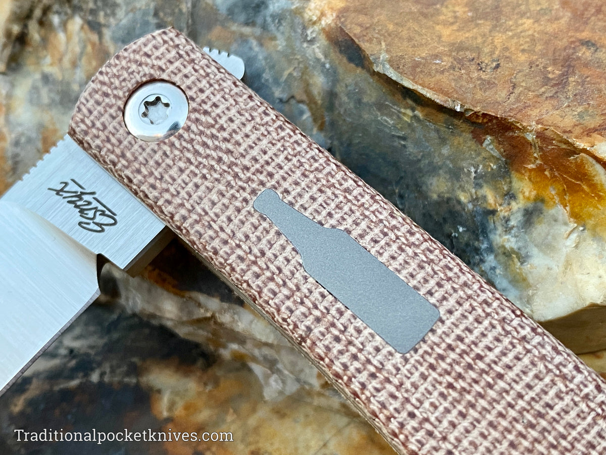 ESNYX Silver Line Beer Buster Junior Front Flipper Brown Micarta Satin M390