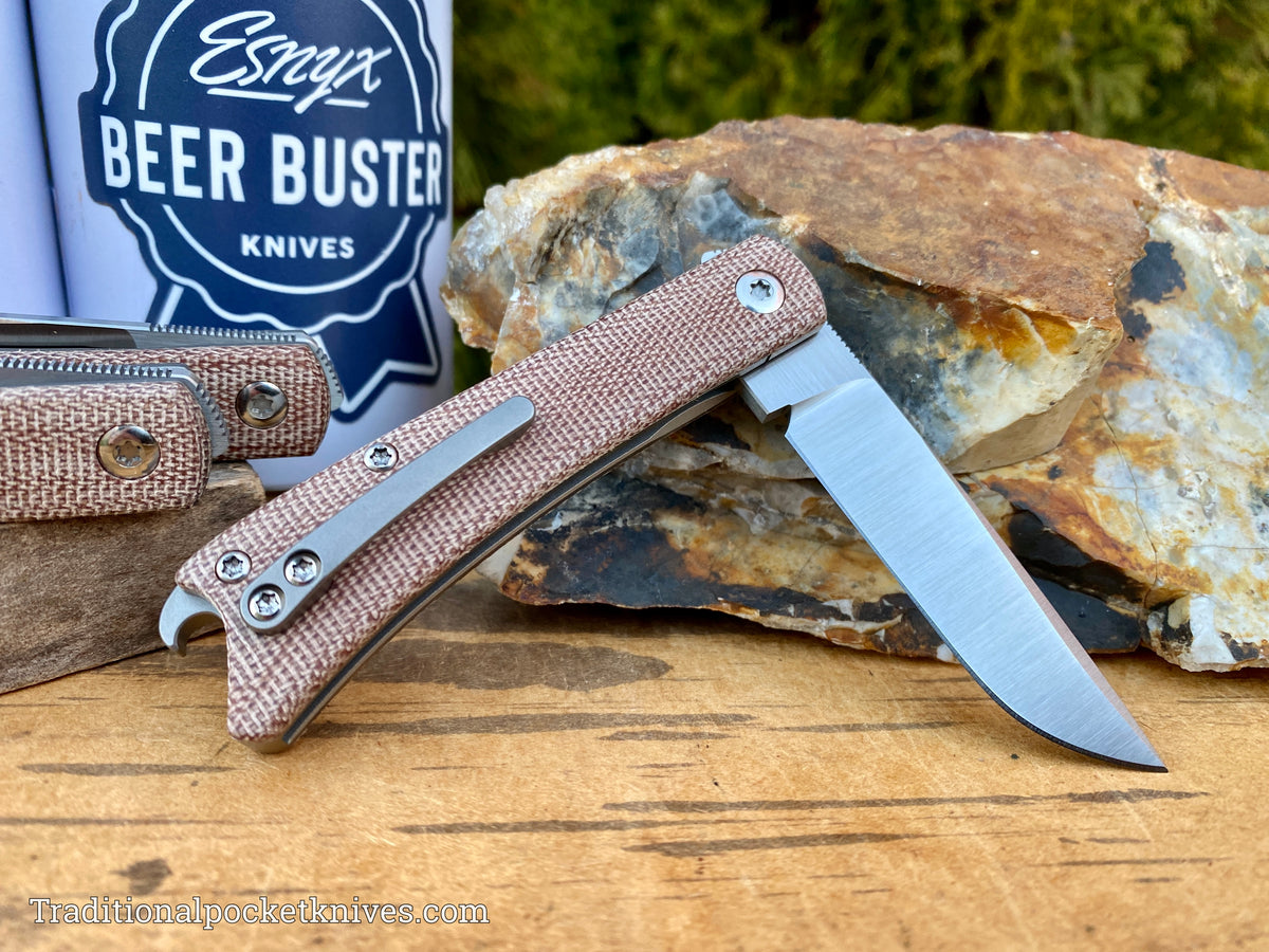 ESNYX Silver Line Beer Buster Junior Front Flipper Brown Micarta Satin M390